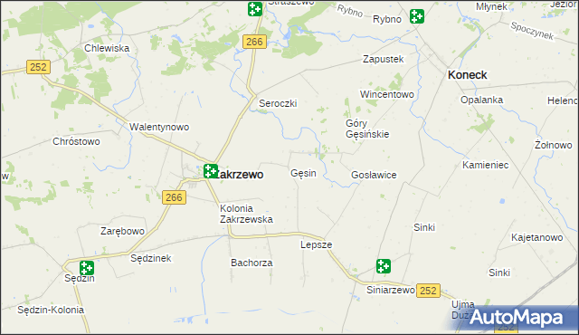 mapa Gęsin gmina Zakrzewo, Gęsin gmina Zakrzewo na mapie Targeo