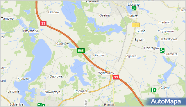 mapa Głazów gmina Myślibórz, Głazów gmina Myślibórz na mapie Targeo