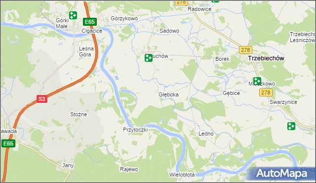 mapa Głęboka gmina Trzebiechów, Głęboka gmina Trzebiechów na mapie Targeo