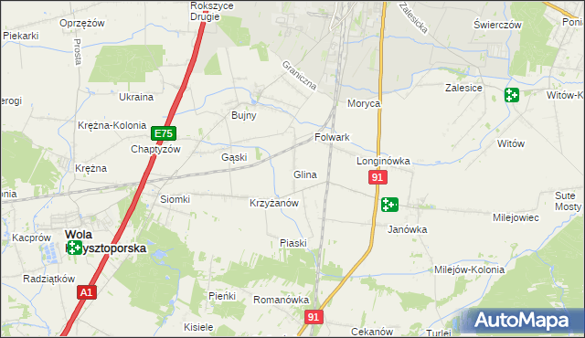 mapa Glina gmina Wola Krzysztoporska, Glina gmina Wola Krzysztoporska na mapie Targeo