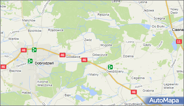 mapa Główczyce gmina Dobrodzień, Główczyce gmina Dobrodzień na mapie Targeo