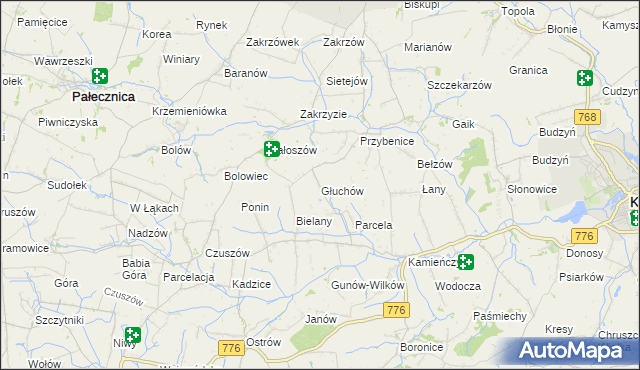 mapa Głuchów gmina Kazimierza Wielka, Głuchów gmina Kazimierza Wielka na mapie Targeo