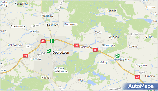 mapa Gosławice gmina Dobrodzień, Gosławice gmina Dobrodzień na mapie Targeo
