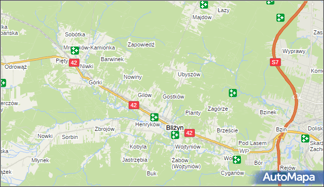 mapa Gostków gmina Bliżyn, Gostków gmina Bliżyn na mapie Targeo