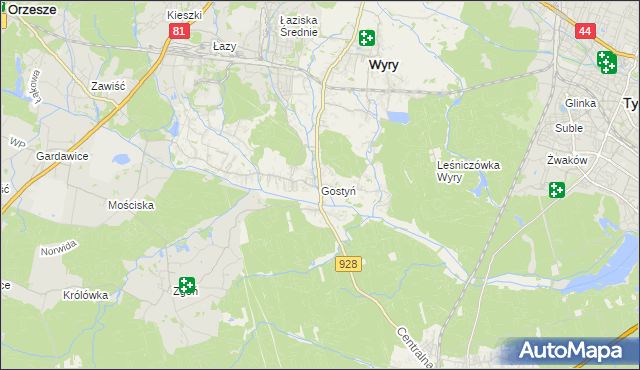 mapa Gostyń gmina Wyry, Gostyń gmina Wyry na mapie Targeo