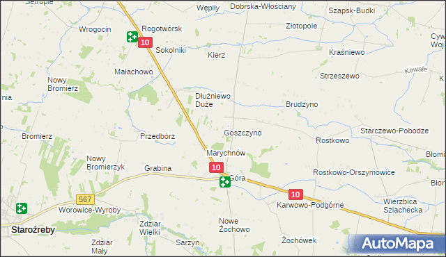 mapa Goszczyno gmina Staroźreby, Goszczyno gmina Staroźreby na mapie Targeo