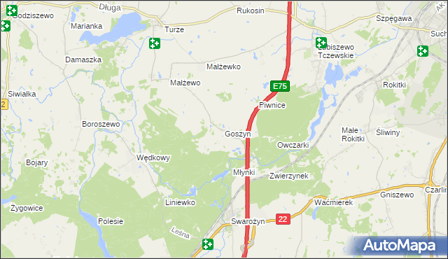 mapa Goszyn gmina Tczew, Goszyn gmina Tczew na mapie Targeo