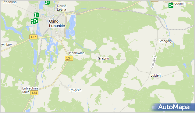 mapa Grabno gmina Ośno Lubuskie, Grabno gmina Ośno Lubuskie na mapie Targeo