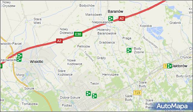 mapa Grądy gmina Jaktorów, Grądy gmina Jaktorów na mapie Targeo