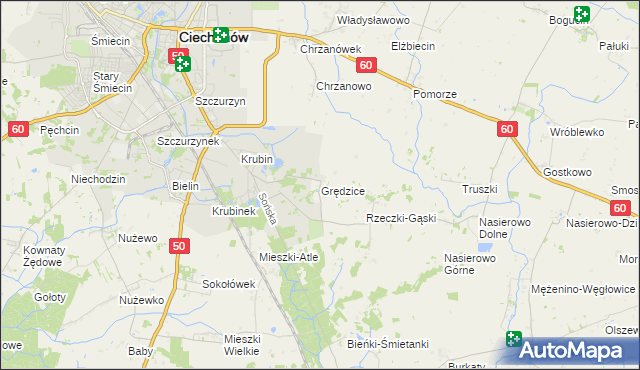 mapa Grędzice gmina Ciechanów, Grędzice gmina Ciechanów na mapie Targeo