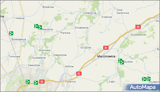 mapa Gruszów gmina Marcinowice, Gruszów gmina Marcinowice na mapie Targeo