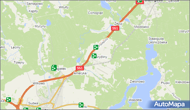 mapa Gryźliny gmina Stawiguda, Gryźliny gmina Stawiguda na mapie Targeo