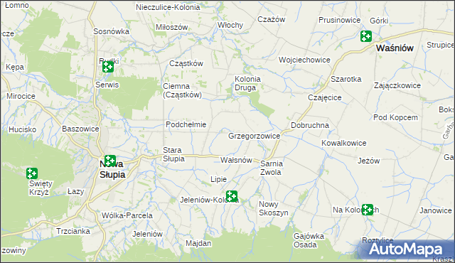 mapa Grzegorzowice gmina Waśniów, Grzegorzowice gmina Waśniów na mapie Targeo