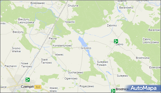 mapa Grzybno gmina Brodnica, Grzybno gmina Brodnica na mapie Targeo