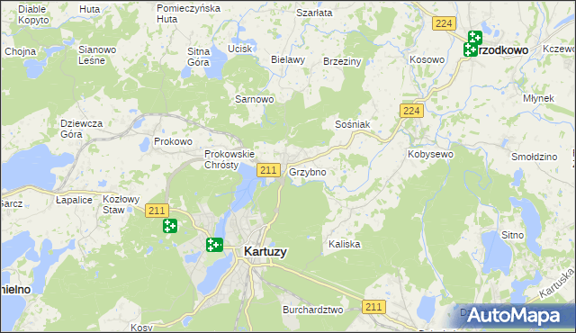 mapa Grzybno gmina Kartuzy, Grzybno gmina Kartuzy na mapie Targeo
