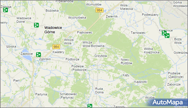 mapa Grzybów gmina Wadowice Górne, Grzybów gmina Wadowice Górne na mapie Targeo