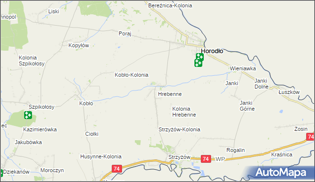 mapa Hrebenne gmina Horodło, Hrebenne gmina Horodło na mapie Targeo