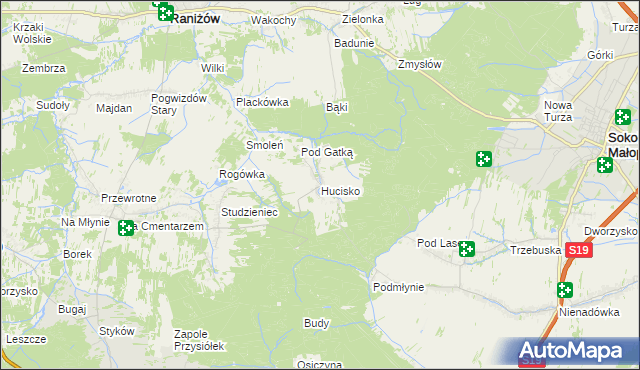 mapa Hucisko gmina Głogów Małopolski, Hucisko gmina Głogów Małopolski na mapie Targeo