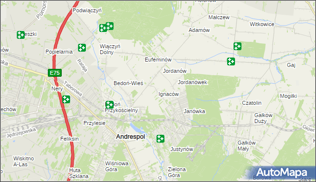 mapa Ignaców gmina Brzeziny, Ignaców gmina Brzeziny na mapie Targeo