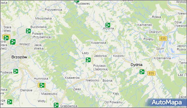 mapa Jabłonka gmina Dydnia, Jabłonka gmina Dydnia na mapie Targeo