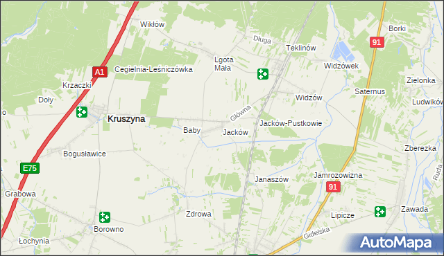 mapa Jacków gmina Kruszyna, Jacków gmina Kruszyna na mapie Targeo