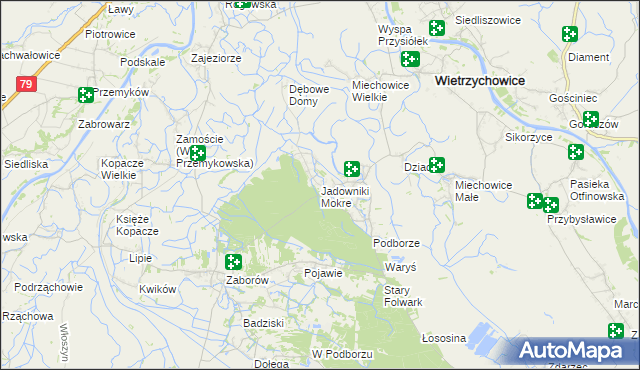 mapa Jadowniki Mokre gmina Wietrzychowice, Jadowniki Mokre gmina Wietrzychowice na mapie Targeo