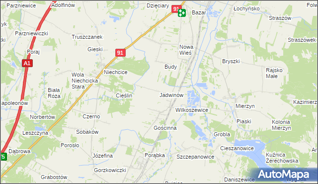 mapa Jadwinów gmina Gorzkowice, Jadwinów gmina Gorzkowice na mapie Targeo