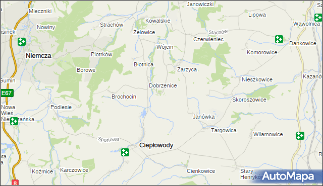 mapa Jakubów gmina Ciepłowody, Jakubów gmina Ciepłowody na mapie Targeo