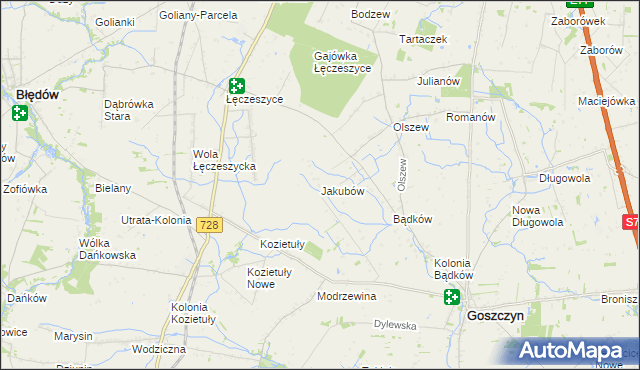 mapa Jakubów gmina Goszczyn, Jakubów gmina Goszczyn na mapie Targeo