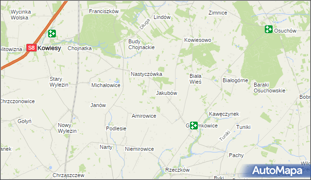 mapa Jakubów gmina Kowiesy, Jakubów gmina Kowiesy na mapie Targeo