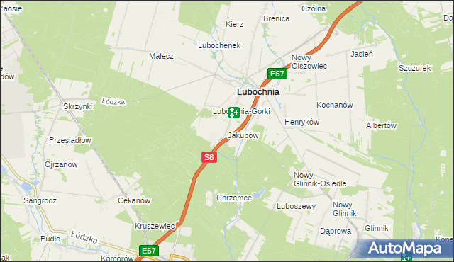 mapa Jakubów gmina Lubochnia, Jakubów gmina Lubochnia na mapie Targeo