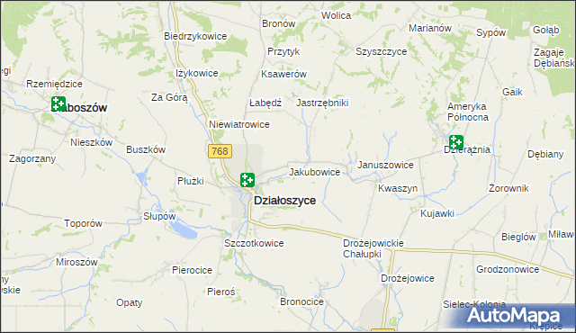 mapa Jakubowice gmina Działoszyce, Jakubowice gmina Działoszyce na mapie Targeo