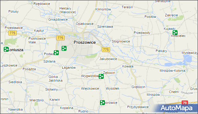 mapa Jakubowice gmina Proszowice, Jakubowice gmina Proszowice na mapie Targeo