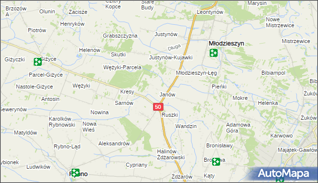 mapa Janów gmina Młodzieszyn, Janów gmina Młodzieszyn na mapie Targeo