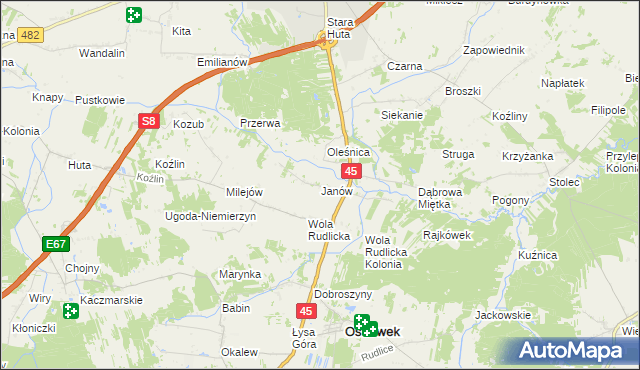 mapa Janów gmina Ostrówek, Janów gmina Ostrówek na mapie Targeo