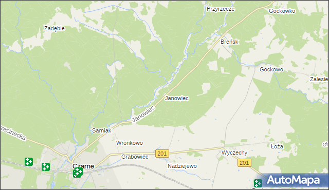 mapa Janowiec gmina Czarne, Janowiec gmina Czarne na mapie Targeo