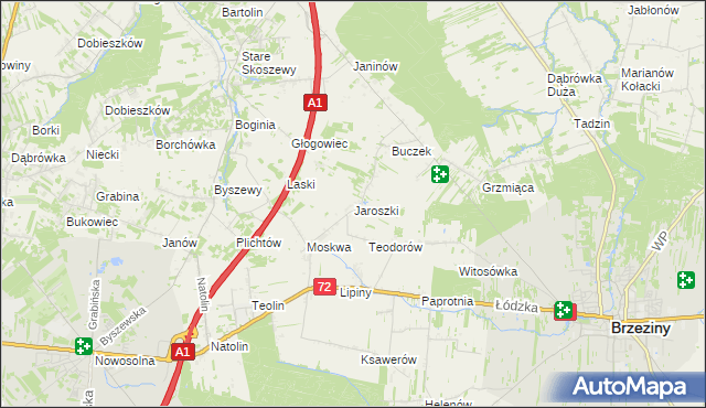 mapa Jaroszki gmina Brzeziny, Jaroszki gmina Brzeziny na mapie Targeo