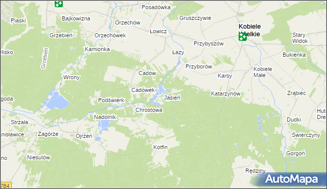 mapa Jasień gmina Kobiele Wielkie, Jasień gmina Kobiele Wielkie na mapie Targeo