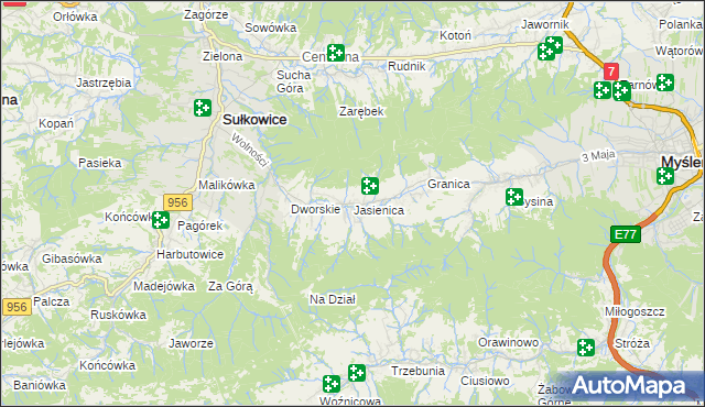 mapa Jasienica gmina Myślenice, Jasienica gmina Myślenice na mapie Targeo