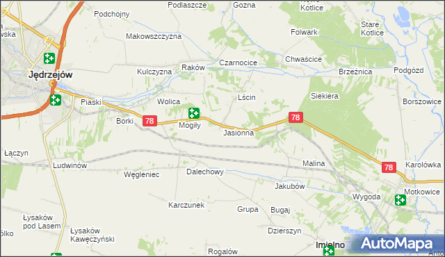 mapa Jasionna gmina Jędrzejów, Jasionna gmina Jędrzejów na mapie Targeo