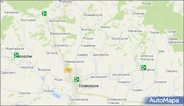 mapa Jastrzębniki gmina Działoszyce, Jastrzębniki gmina Działoszyce na mapie Targeo