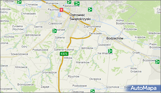 mapa Jędrzejów gmina Bodzechów, Jędrzejów gmina Bodzechów na mapie Targeo