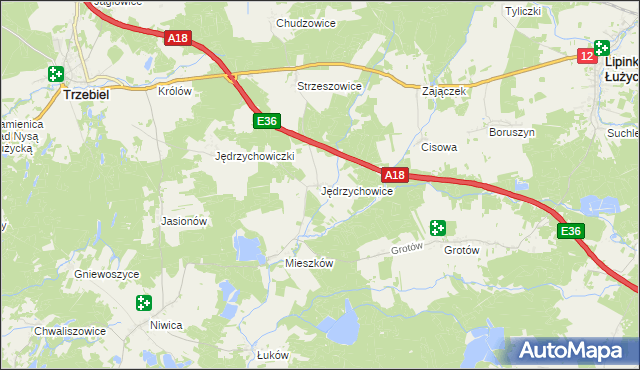 mapa Jędrzychowice gmina Trzebiel, Jędrzychowice gmina Trzebiel na mapie Targeo