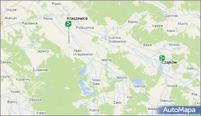 mapa Jelenie gmina Kraszewice, Jelenie gmina Kraszewice na mapie Targeo