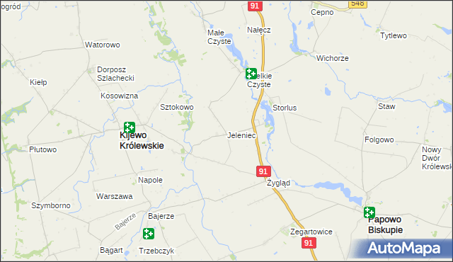 mapa Jeleniec gmina Papowo Biskupie, Jeleniec gmina Papowo Biskupie na mapie Targeo