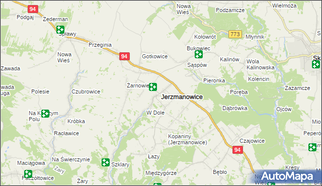 mapa Jerzmanowice gmina Jerzmanowice-Przeginia, Jerzmanowice gmina Jerzmanowice-Przeginia na mapie Targeo