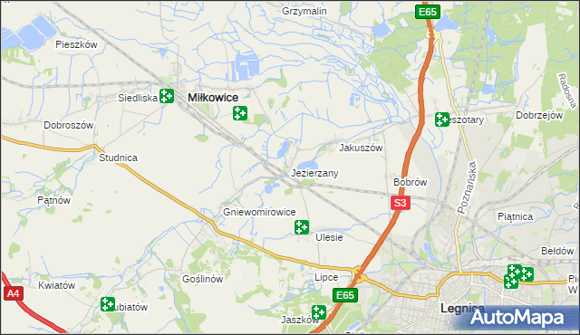 mapa Jezierzany gmina Miłkowice, Jezierzany gmina Miłkowice na mapie Targeo