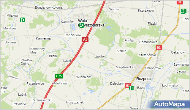 mapa Jeżów gmina Wola Krzysztoporska, Jeżów gmina Wola Krzysztoporska na mapie Targeo