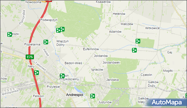 mapa Jordanów gmina Brzeziny, Jordanów gmina Brzeziny na mapie Targeo