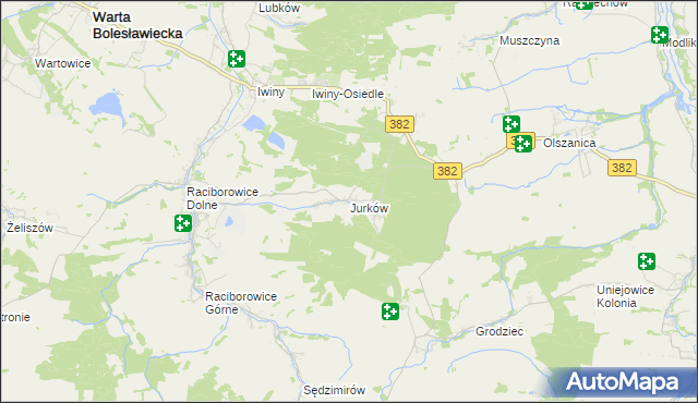 mapa Jurków gmina Warta Bolesławiecka, Jurków gmina Warta Bolesławiecka na mapie Targeo